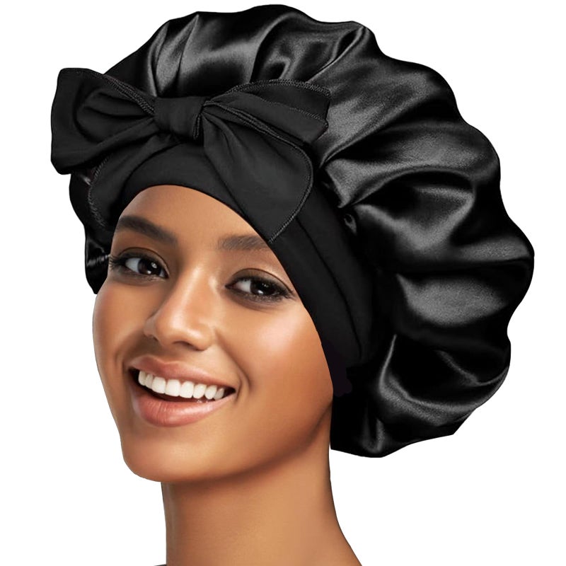 Confvrter Silk Bonnet Satin Hair Bonnet for Sleeping Large Bonnets with Tie Band Hair Wrap with Adjustable Straps Hair Cap for Women Curly Hair Black - Image 1
